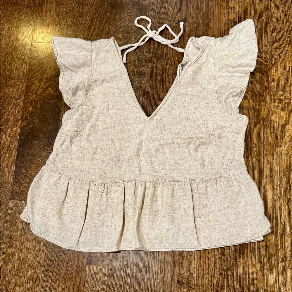 Abercrombie & Fitch Lined Linen Blend Peplum Top Flutter Sleeve Tie Back Size M